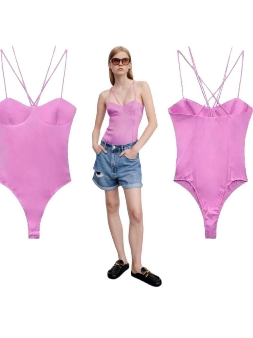Zara pink satin effect strappy bustier sweetheart neckline bodysuit Sz S NWT